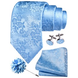 Gusleson Mens Baby Blue Tie for Wedding Floral Necktie Pocket Square Cufflinks and Lapel Pin Brooch Set (UK6107-25)