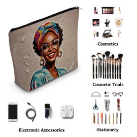 YULUENZE African American Lady Makeup Bag Cute Small Canvas Organizer Bag with Zipper Modern Black Lady Cosmetic Bag Aesthetic Birthday Present for Women Sisters Friends