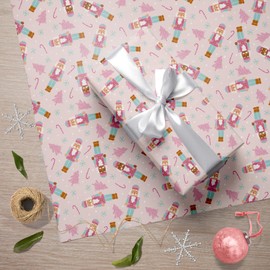 GIOLAINY Pink Nutcracker Christmas Wrapping Paper for Kids Girls - Holiday Gift Wrap with Candy Canes & Snowflakes Designs - 4 Sheets (28 x 40 inches), Easy to Store