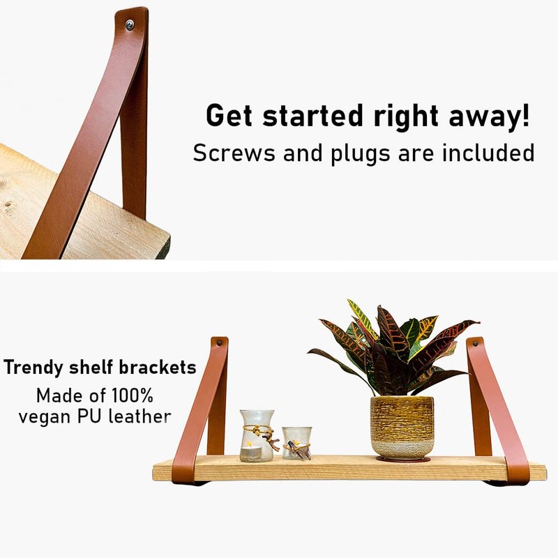 Brute Strength - PU Leather shelf brackets - Cognac -