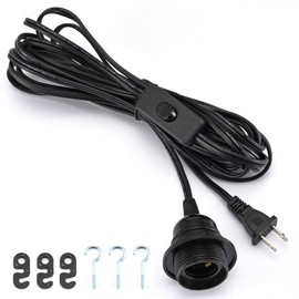 ACBungji 20ft Hanging Pendant Light Cord Kit with On/Off Switch Plug in,1 Pack Extension Wire with E26 E27 Lamp Socket,Shade Ring Holder for Lighting Cage,Black