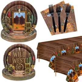 Cowboy Party Decorations - 162 Pcs Plates, Napkins, Western Tablecloth, Black Forks Set for Western Birthday Party Decorations Cowboy Party Supplies, Serve 40