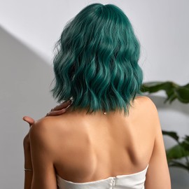 Wig Synthetic gradient wig short wave wig with air bangs shoulder long wig suitable for women curly wave heat-resistant synthetic color BOB wig (Green, 12inch)