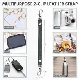 Alban Leather 2-Clip Strap for Wallet, Clutch, Wristlet Purse, Keys, Keychain for Women and Men - Gray Genuine Leather Strap with Silver Clasp