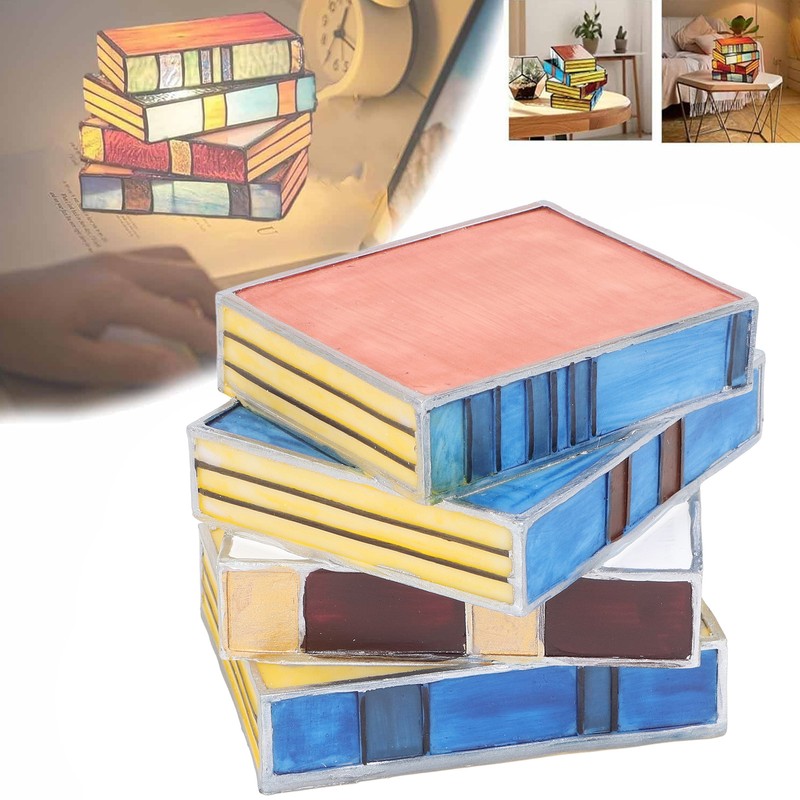 Stained Book Lamp Vintage Style Soft Lighting Stacked Books Table