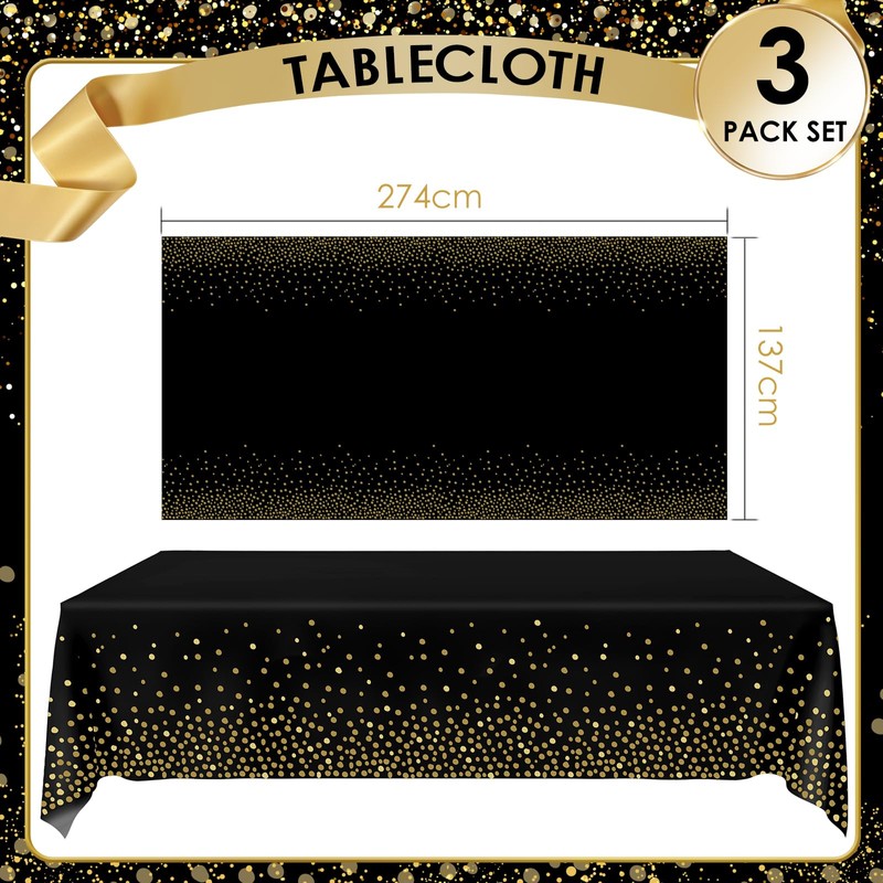 Party Tablecloths, Black Disposable Tablecloth with Gold Polka Dot Garden