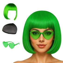Green Wig Set, Wigs,3-piece set bob Wig with Neon Sunglasses and Hair Net, Party Wigs for Themed Events, Halloween Costume Accessories, Fashionable and Reusable