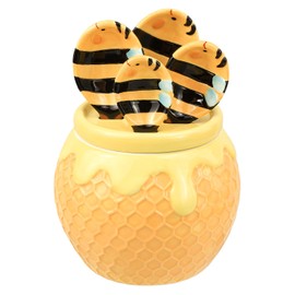 Sizikato 4pcs Porcelain Measuring Spoons with Base, Cute Ceramic Bee Spoons and Honeycomb Cup