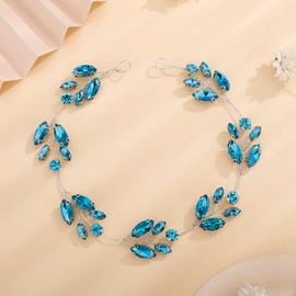 Teyglen Blue Crystals Bride Wedding Headband Hair Vine Handmade Bridal Silver Rhinestones Headband Wedding Hair Accessories for Brides Vintage Headpieces for Women Girl Party Prom Birthday (Lake Blue)