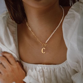 Dainty Initial Pearl Necklace for Women, 14K Gold Plated Paperclip Link Chain Necklace Toggle Clasp Necklace Choker Initial Necklaces Gold Jewelry for Women Letter C