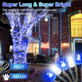1500 LED 502ft Outdoor Christmas Lights Super Long String Lights 8 Modes Timer Memory, Outsite Waterproof Dark Green Wire Fairy Light Strings for Xmas Tree Wedding Holiday Party Decorations Blue&White