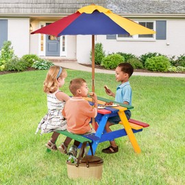 Costzon Kids Picnic Table, Wooden Table & Bench Set with Removable & Foldable Umbrella, Toddler Patio Set for Backyard, Garden, Children Girls & Boys Gift for Outdoors