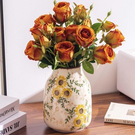 Sunflower Vintage Ceramic Yellow Floral Vase, Beige and Green Chinoiserie Home Decor for Fireplace Mantle, Table Centerpieces, Kitchen Counter, Tuscan, Cute Flower Vase for Living Room Office 7.8 Inch