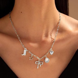 Charm Necklace for Women Paperclip Bow Necklace Cowgirl Boots for Women Western Jewelry for Women Chunky Cowboy Boot Necklace Cowgirl Outfits for Women