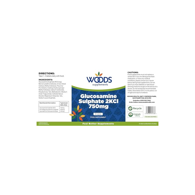 Woods Supplements - Vegan Glucosamine Sulphate 2KCl 750mg x180 Tablets.
