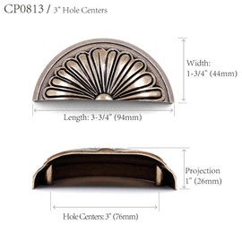 JETLAND Cabinet Hardware Cup Pulls - 4 Pack, Flat Black Petal Pattern, 3" Hole Centers, Vintage Pulls for Drawer Dresser Nightstand, CP08130B076