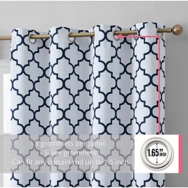 HLC.ME Lattice Print Blackout Curtains Sets for Bedroom - Winter Heat Cooling Window Coverings, Light Blocker Ring Top Drapery for Living Room, Platinum White & Navy Blue, 52 W x 84 L - 2 Panels