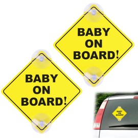 Pack of 2 Baby on Board Car Warning Signs, Baby on Board Sticker Car with 2 Suction Cups, Baby on Board Sticker Car, 12 x 12 cm Safety Car Sign, Children's Car Sign, for Car Windows, Reusable (Yellow)