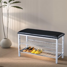 espidoo Metal Shoe Bench Organizer: 2-Tier Black Faux Leather Seat & Silver Frame - Contemporary Hallway Storage Bench for Entryway & Bedroom - Easy Assembly with Tools Included