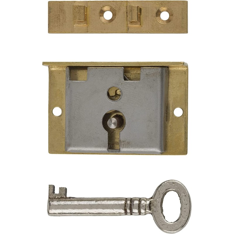 Small Brass Half Mortise Chest or Box Lock w/Skeleton Key