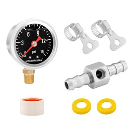 MEASUREMAN 0-15 Psi Glycerin Filled Fuel Pressure Gauge, 1.5” Dial, 304 Stainless Steel Case, 1/8” NPT Lower Mount, with 3/8” Fuel Line Adapter, Copper Tube & Fittings, Red Aluminum Pointer