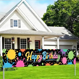 BlissYard Happy Birthday Long Banner 118x20 Inch Paint Splatter Glow in The Dark Party Backdrop Decoration Art Theme Polyester Fabric Large Event Supplies For Girls or boys gifts