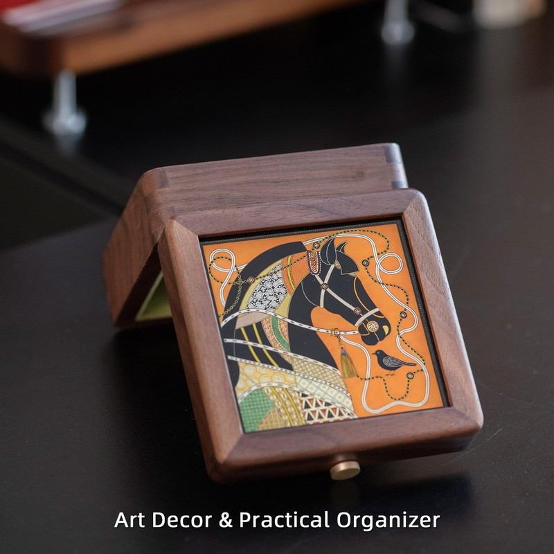 Wooden Jewelry Box,Small Wooden Box with Velvet Lining (Horse Design