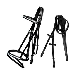 Exion English Jumping Bridle with Flash – Soft Lined Crownpiece, SS Clincher Studded Browband, Flash Noseband, Rubber Reins – Black & Brown – Premium Vegetable-Tanned Leather