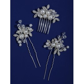 Bridal Hair Pins Set Handmade Pearl and Rhinestone Flower Design Silver Wedding Hair Accessories