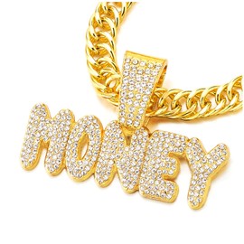 MONEY Iced Out Pendant Pave Rhinestones Mens Womens Necklace Gold Color, Bling Bling Rapper Jewelry