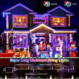 Heceltt Christmas Lights Outdoor, 115FT 350LED Christmas Lights 8 Modes and Timer Memory Function Led Christmas Lights Waterproof Plug in for Xmas Wedding Party Holiday Decor