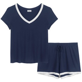 Joyaria Plus Size Pajamas for Women Set Bamboo Viscose Cooling PJs Short Sleeve Moisture-Wicking Breathable Nightwear(Navy Blue,XXL)