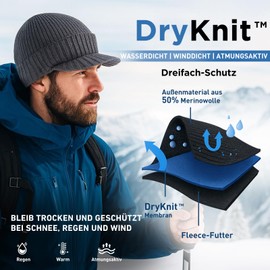 TOP-EX Dryknit Waterproof Beanie Hat Men's Merino Wool Winter Hat with Visor & Fleece Lining Warm Merino Wool Hat, 96587_Black, XL - XXL