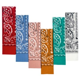 6-Pack Multicolor Cotton Bandanas for Women Men - Paisley, 22x22 In - Cowboy Head Bandanna Scarf Handkerchief - Red White Blue Pink Orange Teal