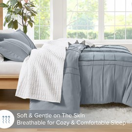 Comfort Spaces Blue/Grey Queen Size Comforter Set - 3 Pieces Pintuck Pleated Bedding Sets Queen, All Season Lightweight, Extra Softness Pre-Washed Microfiber Queen Bed Set, Shams, Full/Queen