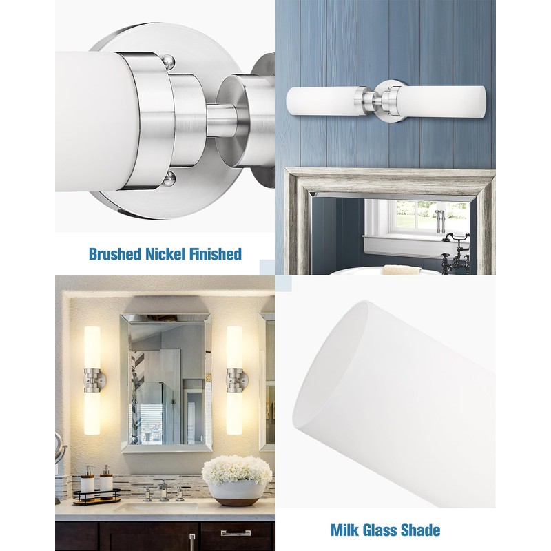 Emak Modern Brushed Nickel Bathroom Light Fixtures, 2-Light Vanity Lights