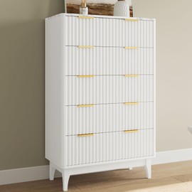 ELYKEN 31.5" Wide Fluted Tall Dresser, White Chest of Drawers for Bedroom, Wood 5 Drawers Dresser with Faux Marble Top & Gold Handle, Modern Large Storage Drawer Organizer for Living Room, Hallway
