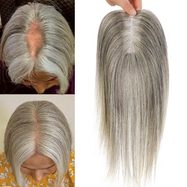 Uaismewow Hair Toppers for Women Light Grey Remy Hair Toppers for Women with Thinning Real HumanHair 14inch Grey Clip in HairPieces with Babyhair Breathable Silk Base cover 4 * 4.8inch, 4 Clips