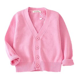 PTPUKE Unisex Boy' Girls' Cardigans Sweater V-Neck Long Sleeve Button Soild Cotton Knit Sweaters for 1-8 Years Pink