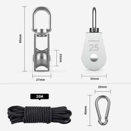 DBREAKS Stainless Steel Pulley, Rope Block with 25 mm Roller, 4 Pieces Pulley Roller + Nylon Rope + Carabiner, Pulley Roller for Ropes Steel Cable