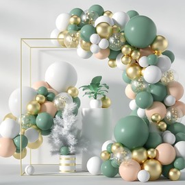 Arch Kit 114 Premium Balloons - Stunning Decoration for Birthdays, Weddings - Retro Bean Green, Standard White, Metallic Gold, White Confetti Gold, Skin Tone - Memorable Party Accessories