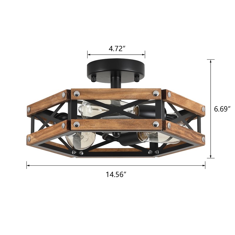 3-Light Rustic Farmhouse Wood Flush Mount Ceiling Light Fixture Oak