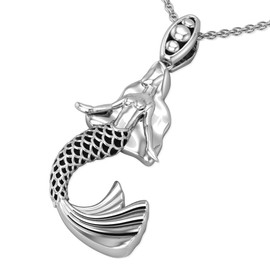 Belinda Jewelz Womens 925 Real Solid Rhodium Plated Sea Beautiful Mermaid Fairy Tale Vintage Fashion Fine Hanging Pendant Chain Necklace, Sterling Silver, 18 Inch