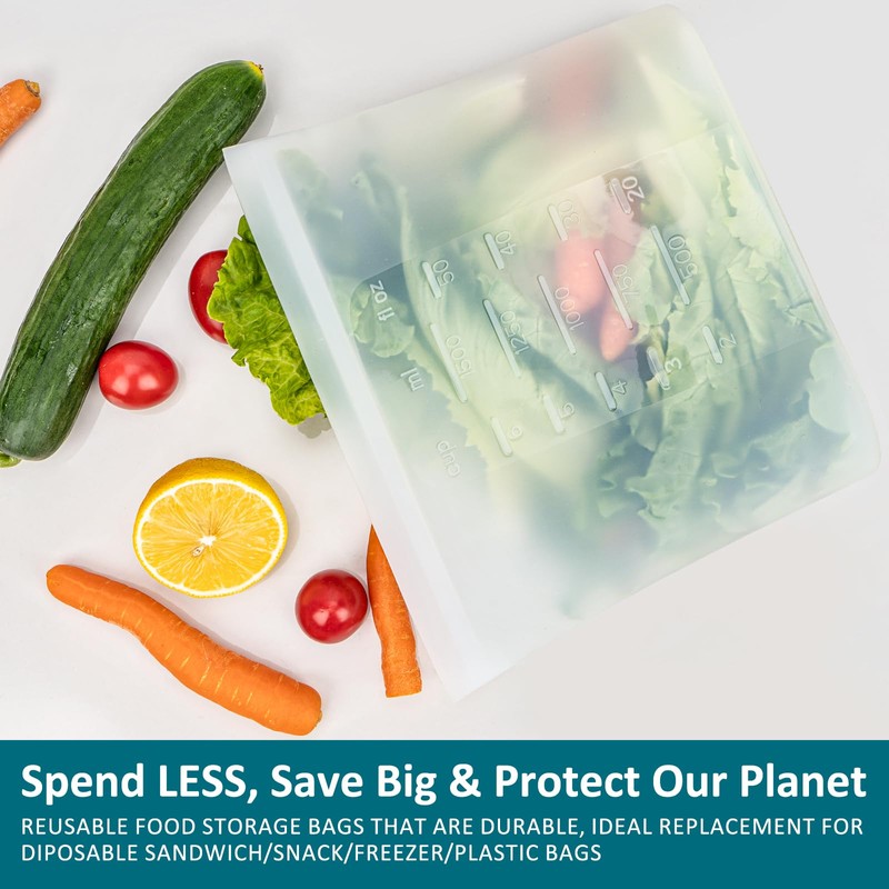 8-Pack Reusable Silicone Food Storage Bags, 100% Silicone Stand-Up Wide-Open