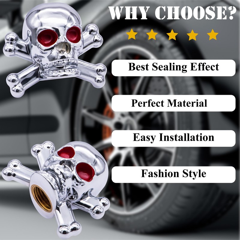 MEAJOO 4PCS Skull Style Tire Valve Stem Caps, with Rubber