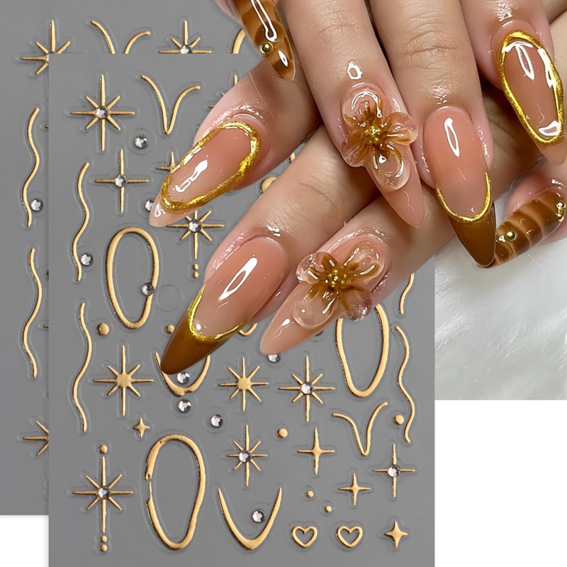 4 Sheets Gold French Line Nail Stickers 3D Self-Adhesive Gold