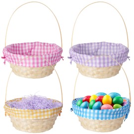 YIDAKO 4 Pack Easter Baskets with Handles and 4 Color Plaid Liners,Empty Wicker Woven Basket Set for Easter Egg Hunt, Spring Kids Party Picnic Supplies 9"x6"