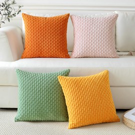 Sungeek Set of 4 Soft Corduroy Decorative Cushion Covers Boho Striped Throw Pillow Cover for Sofa Couch Living Room Farmhouse Home Decor Pillow Cases 45x45cm, Sage Green/Light Pink/Yellow/Orange