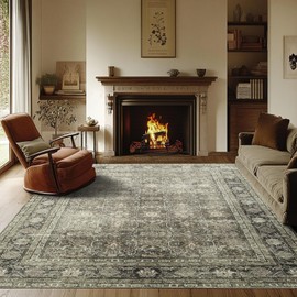 Lbris Washable Rugs 8x10 Area Rugs for Living Room- Vintage Rugs for Bedroom,Dining Room,Large Soft Low Pile Retro Carpet with Non Slip Rubber Backing,Neutral Accent Nursery Rug for Home Office Decor