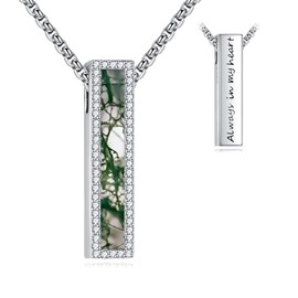 CUPENDA Moss Agate Urn Necklaces for Ashes 925 Sterling Silver Moss Agate 3D Bar Cremation Memorial Jewellery for Women Men